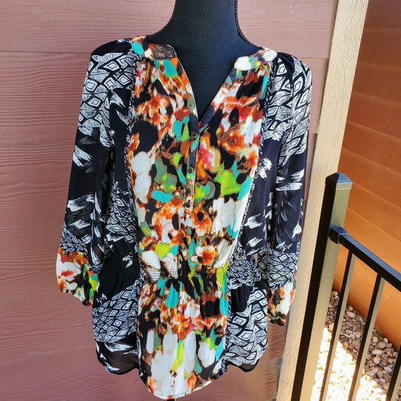Calvin Klein Multi-Color Blouse W/Lining Elastic at Waist Petite S EUC - Picture 2 of 11